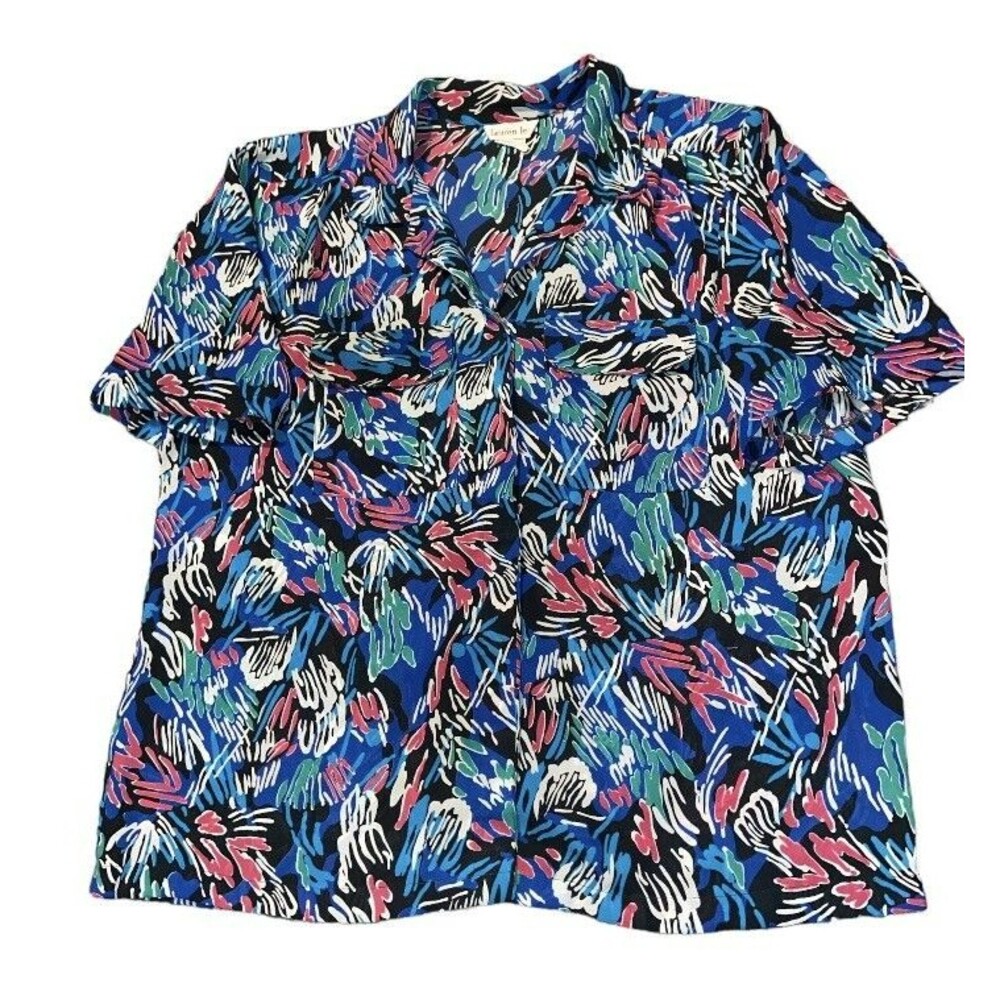 Lauren Lee Blouse Women’s XL Floral Abstract Geometric Print Button Up 80s VTG